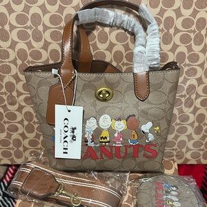 Tan Signature Peanuts Mini Tote with Brown Trim